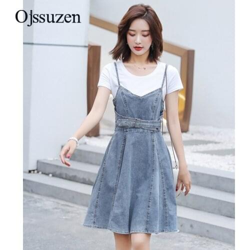 Spaghetti Strap Jeans Dress Women Mini A-Line Sundress Jeans Ladies V Neck Belt Casual Zipper Womens Denim Dresses Female Blue