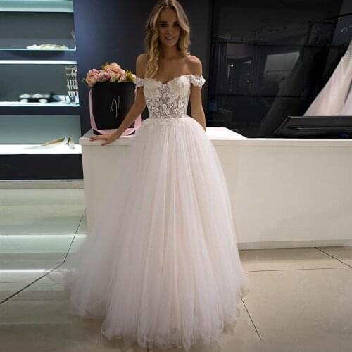 Booma Off Shoulder Sleeveless Boho Wedding Dresses Lace 3D Flowers Soft Tulle Beach Birde Gowns Princess Party Dresses No Train