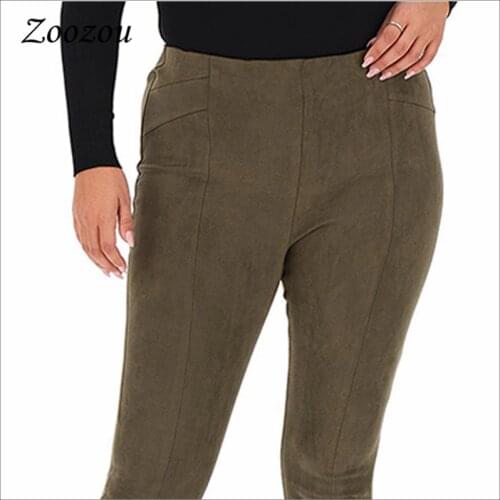Winter Seamless Suede Leather Women Pants Olive Green Elastic Slim Soft Leggings Female Casual Skinny High Waist Trousers Custom