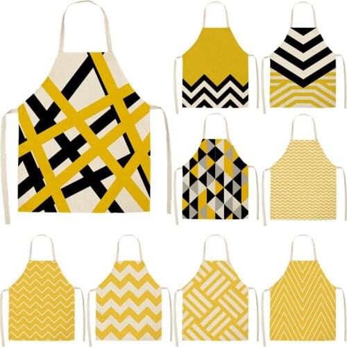1Pcs Yellow Geometric Kitchen Aprons for Women Cotton Linen Bibs Household Cleaning Pinafore Home Cooking Apron 53*65cm Q0003