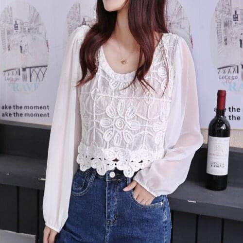 2021 Summer White Blouse Hook Flower Hollow O-Neck Blouse Women French Long Sleeve Chiffon Shirt Elegant Apricot Tops 14124