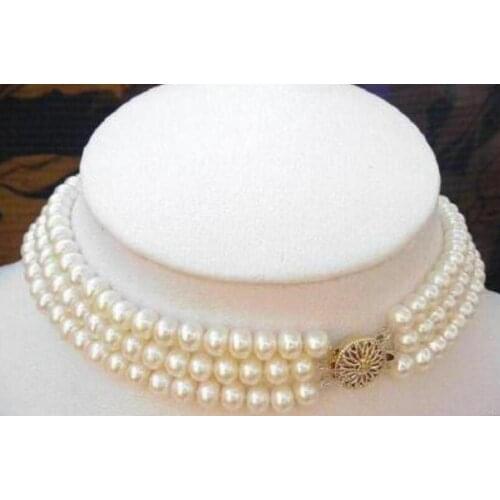 3 strands 6X7mm white pearl 3 rows choker necklace gold clasp natural Freshwater PEARL Women Jewelry 35cm 43cm 15'' 17