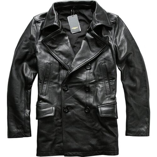 A1657 AVFLY Read Description! Asian Size Excellent Cow Leather Winter Jacket Mens Classic Cowhide Pea Coat