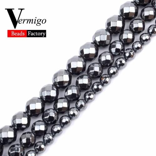 Natural Stone Faceted Black Hematite Semi Precious Stones Loose Beads For Jewelry Making 4 6 8 10mm Diy Bracelet Accessories 15"