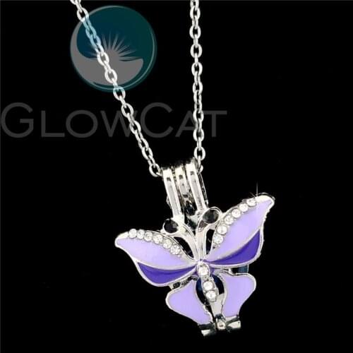 Blue Enamel Shiny Rhinestone Butterfly Beads Cage Pendant Essential Oil Diffuser Pearl Cage Locket Necklace R-K1051