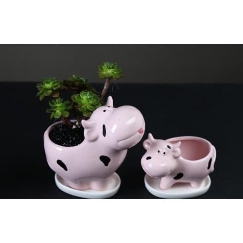 Nordic Style Ceramic Cow-Shaped Flower Pot With Tray Creative Cute Animal Succulent Pot Plant Flower Pot Decorative Home Decor