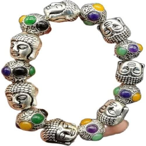 China Old Tibetan Silver Inlaid Three-Colour Jade Bead Hand String Bracelet