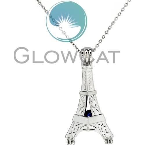KK827 Silver Eiffel Tower Beads Cage Locket Pendant Perfume Diffuser Pearl Cage Necklace Unisex Friend Gift