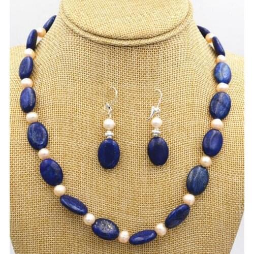 Beautiful 20" 13x18mm blue lapis lazuli White Pearl necklace Earrings Set