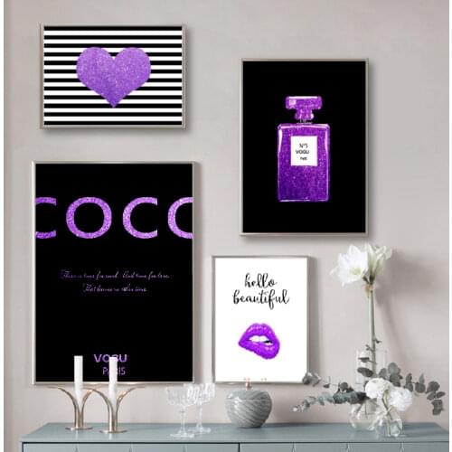 Fashion Perfume Prints Makeup Purple Posters Girls Room Wall Art Decor Sexy Lips Vogue Pictures Decorations Canvas Painting