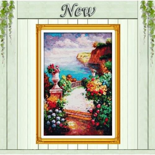 The beach path among the flowers painting,counted print on canvas DMC 14CT 11CT DIY Cross Stitch Embroidery kits Needlework Sets