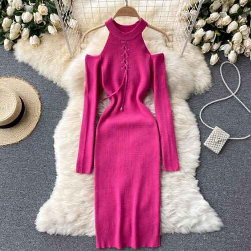2021 Autumn Bodycon Dress Womens Europea Hollow Strapless Long-Sleeved Casual Sexy Dress Halter Neck Stretch Knitted Dresses