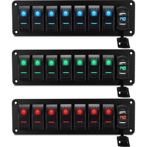 LED IP67 Waterproof Marine Boat Rocker Switch Panel 8 Gang Rocker Switch Panel Kit 12V/24V Circuit Breaker Dual USB Slots light