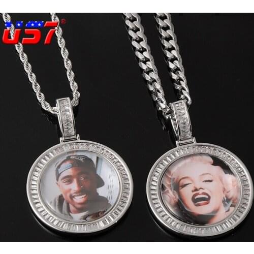 US7 Custom Made Photo Baguette Crystal Medallions Solid Pendant Necklace For Women Personalize Cubic Zircon Men Hip Hop Rock Jew