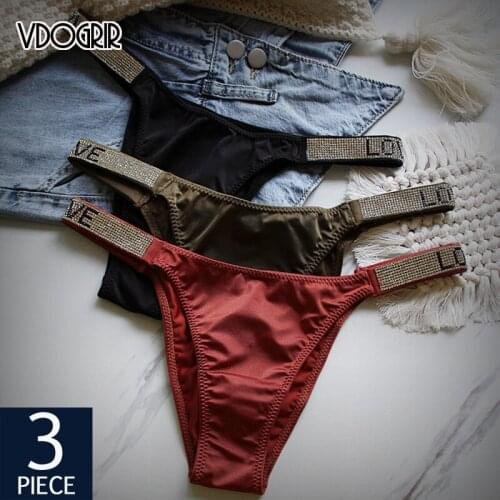 VDOGRIR 3Pcs/lot Sexy Women Letter Rhinestones Thin Belt G-string Thongs Underwear Seamless Panties Low Rise Soft Lady Lingerie