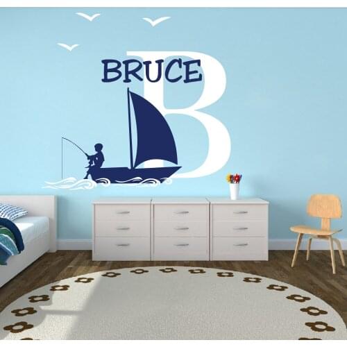 Custom Name Boat Boy Fish Wall Decal Kids Room Bedroom Personalized Name Boat Fishing Bird Wave Wall Sticker Boy Room Vinyl Art