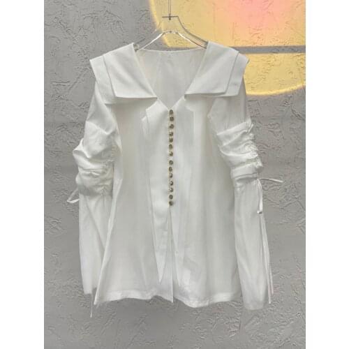 Ladies 2021 fashion new long-sleeved sexy casual big turn leader drawstring pleated shirt 0112