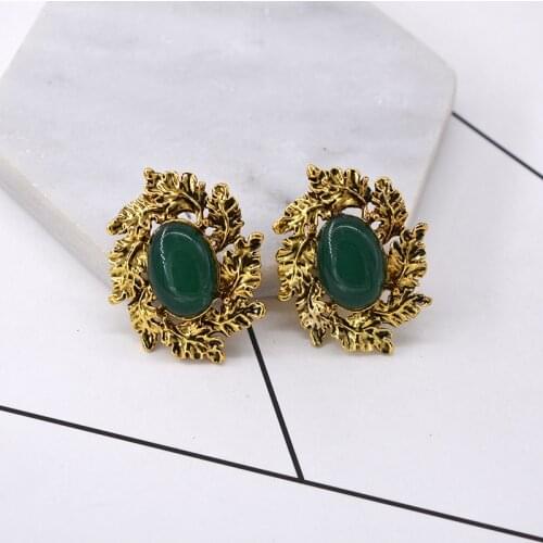 SHIFEEL New Euramerican Vintage Pop Baroque Style Women Jewelry Big pearl green Gem Golden leaves Earrings Hyperbole Pendientes