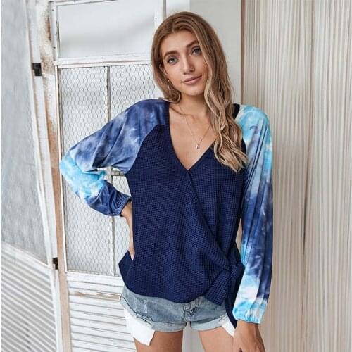 Ladies Stitching Tie-dye Long-sleeved T-shirt Sexy V-neck Lace-up High Street Women Tops WX146