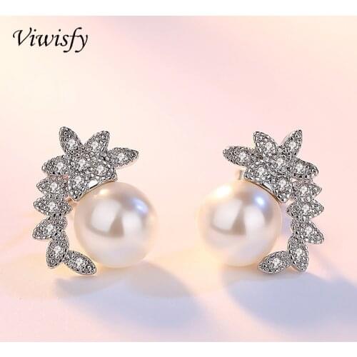Viwisfy 925 Sterling Silver Design Vintage Leaf High-end Pearl Jewelry With Crystal Stud Earrings For Women VW21251