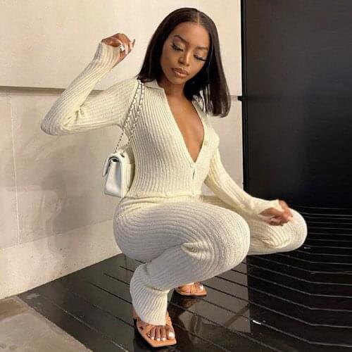 Ribbed Knitted Jumpsuit Woman Buttons Patchwork Turn Down Collar Long Sleeve Bodycon Casual Streetwear 2021 Autumn Outfits