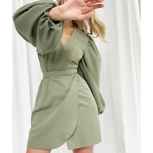 Lantern Long Sleeve Sashes Slim Women Mini Dress Solid V-Neck High Waist Asymmetry Sweet Dresses Female Elegant 2021 Office Lady