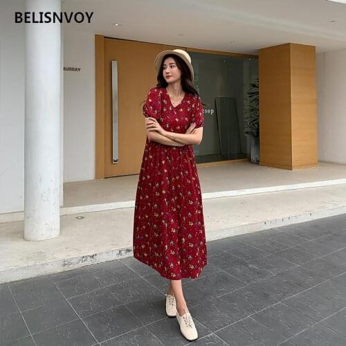 Puff Sleeve Summer Women Dress 2021 New Chic V-neck High Waist Floral Printed A-line Dresses Loose Female Korean Vestidos Mujer