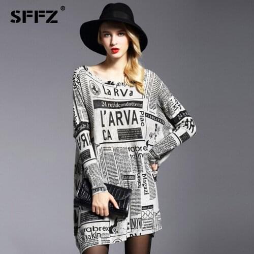 SFFZ New Women Long Sweater Fashion Newspaper Print Loose Dresses Wool Blend Knitted Pullovers Oversized Slash Neck Sweater 6013