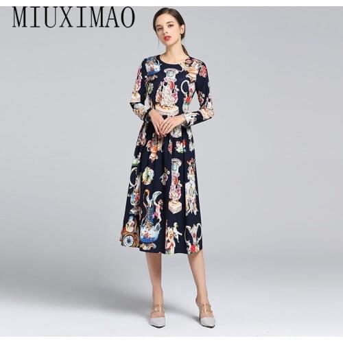 High Quality 2019 Spring Newest Arrival Vintage O-Neck Full Sleeve Goddess Print A-Line Mid-Calf Elegant Vintage Dress vestido