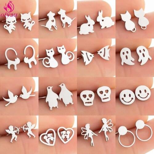 Golden Stainless Steel Animal Stud Earrings Unusual Cats and Dogs White Rabbits Fish and Birds Heart-shaped Smiley Face Earrings