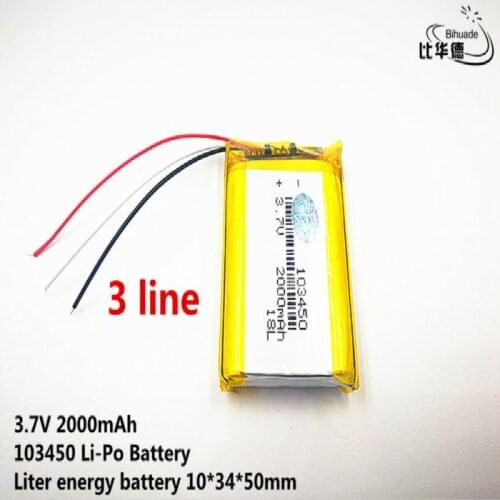 10pcs/lot 3 line Good Qulity 3.7V,2000mAH,103450 Polymer lithium ion / Li-ion battery for TOY,POWER BANK,GPS,mp3,mp4