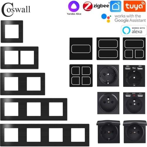 COSWALL Black Aluminum Panel Zigbee 3.0 Tuya 1/2/3/4 Gang Switch With Normal EU Socket USB Charger TV RJ45 Modules DIY