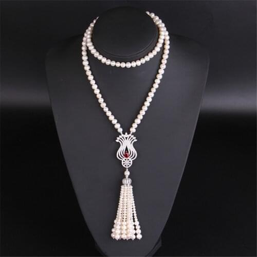 S925 Sterling Silver Long 8-9mm Pearl Necklace Womens Autumn Wedding Gift Fine Jewelry Pearl Sweater Chains 32inch