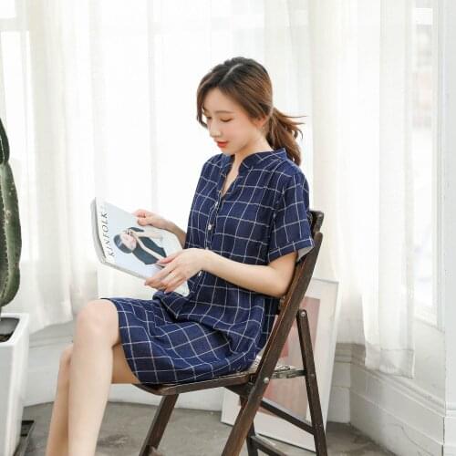 Fdfklak Summer Pink/Gray Plaid Sleeping Dress Women Sleepwear Cotton Night Dress Short Sleeve Nightgowns Women Nightdress