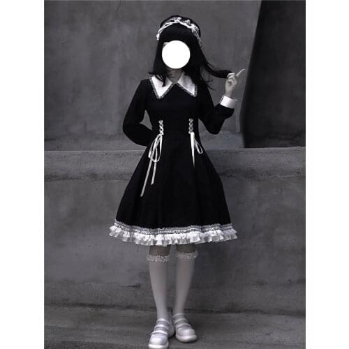 Gothic Lolita Kawaii Black Dress Women Harajuku Punk Long Sleeve Maid Cosplay Costume Female Bandage Princess Party Lace Dresses