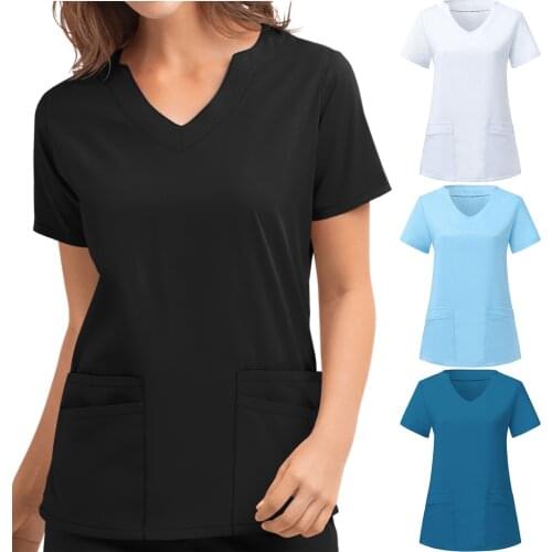 Nurse Overalls Scrubs Women Solid Color Short Sleeve V-neck Tops Nursing Work Uniform T-shirts Nurse Uniform медицинская одеж q5