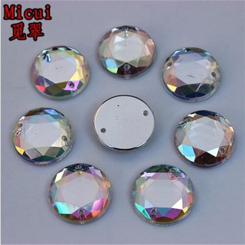 Micui 50pcs 18mm Superior Taiwan AB Color Acrylic Rhinestones Round Crystal Beads Flat Back Sewing Buttons 2 Hole ZZ313
