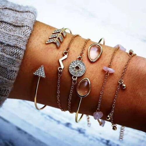 Fashion Personality Lady Bracelet Compass Arrow Water Drop Broken Turquoise V-Shaped Bracelet Six Set 2021 Trend Party New Gift