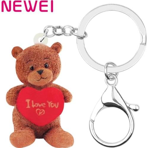 Newei Acrylic Brown Heart Plush Toy Bear Keychains Lovely Animal Keyring Jewelry For Women Kids Lover Gift Bag Wallet Decoration
