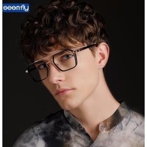 Seemfly Vintage Metal Frame Myopia Glasses Oversized Double beam Anti Blue Light Nearsighted Spectacles Unisex Degree -1.0to-3.5