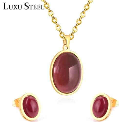 LUXUSTEEL Red Round Pendants Necklace Earring Sets 316L Stainless Steel Pendant Necklace For Women/Girl Party Bijoux 2020