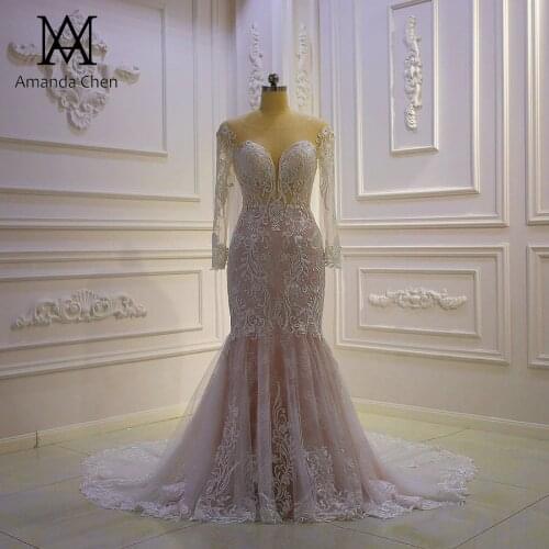 Simple Elegant Long Sleeve Lace Appliqued Mermaid Wedding Dress