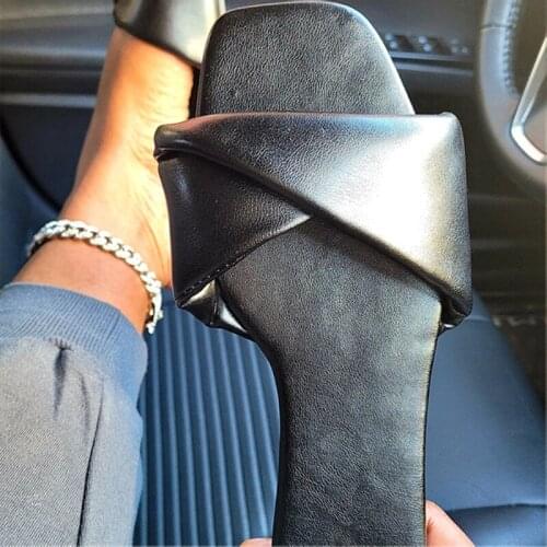 White Shoes Woman Cross Tied Sandals All Match Square Toe Comfortable Slides Casual Flat Sandals Femme 2021 Mules Footwear black