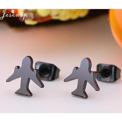 Jisensp Trendy Jewelry Black Aircraft Airplane Earrings Stainless Steel Plane Stud Earings for Women Children Ear Piercing Girls