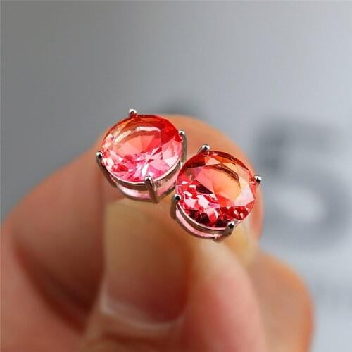 Crystal Female 6/7/8mm Pink Yellow Rainbow Earrings Real 925 Sterling Silver Earrings For Women Charm Round Small Stud Earrings