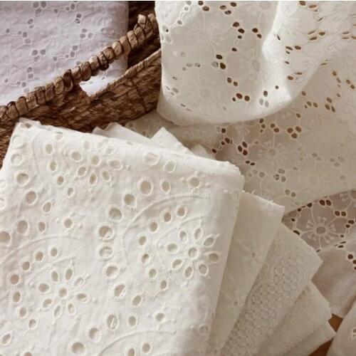 Machine Embroidery Sewing Fabric Pure White Hollow Lace Cotton Wedding Dress Fabric Embroidered Fashion Clothing Dress Fabric