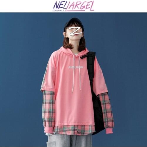 NELLARGEL Women Plaid Patchwork Y2k Harajuku Hoodies 2021 Female Pink Kawaii Vintage Sweatshirts Girl Streetwear Fashion Hoodies