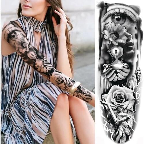Shout Tiger Temporary Tattoos For Men Women Adult Body Art Full Arm Sleeve Tatoo Water Transfer Fake Tattoo Stickers Flower