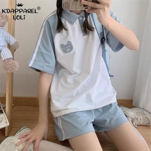 Japanese Sweet Girls School Set Uniform Loose Short Sleeve T-Shirt Polo Sports Shorts Suit Cute Teen Student Women Casual Summer