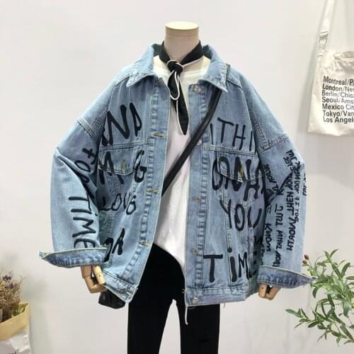 Korean Oversized Embroidered Letters Denim jacket Womens Washed Blue Coat Spring Loose Vintage Harajuku Jeans Jacket Streetwear